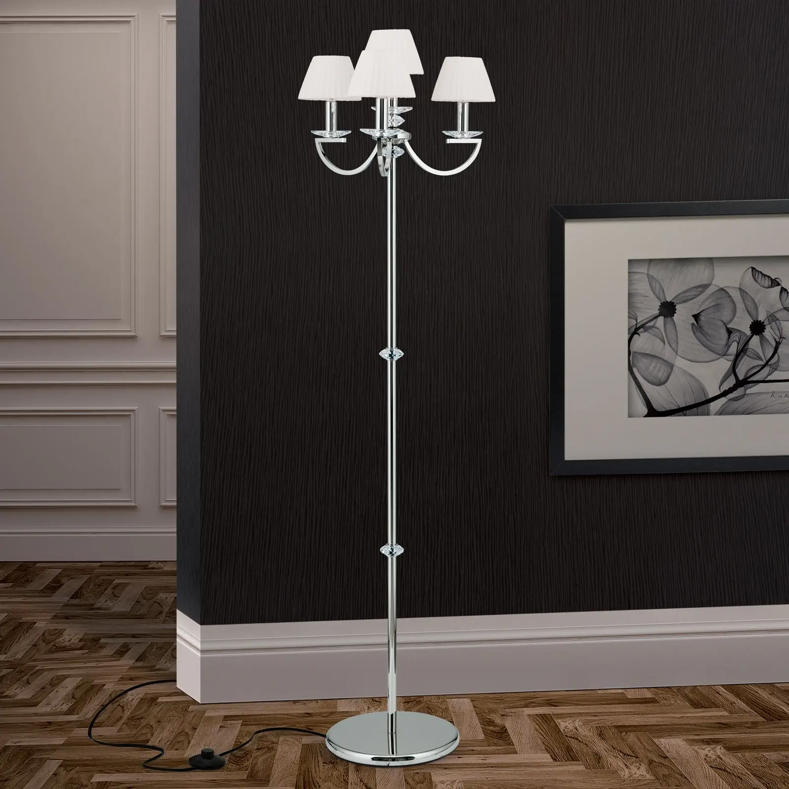 Podna lampa AVALA, 4 izvora svetla, nikl sa belim abažurima - 9