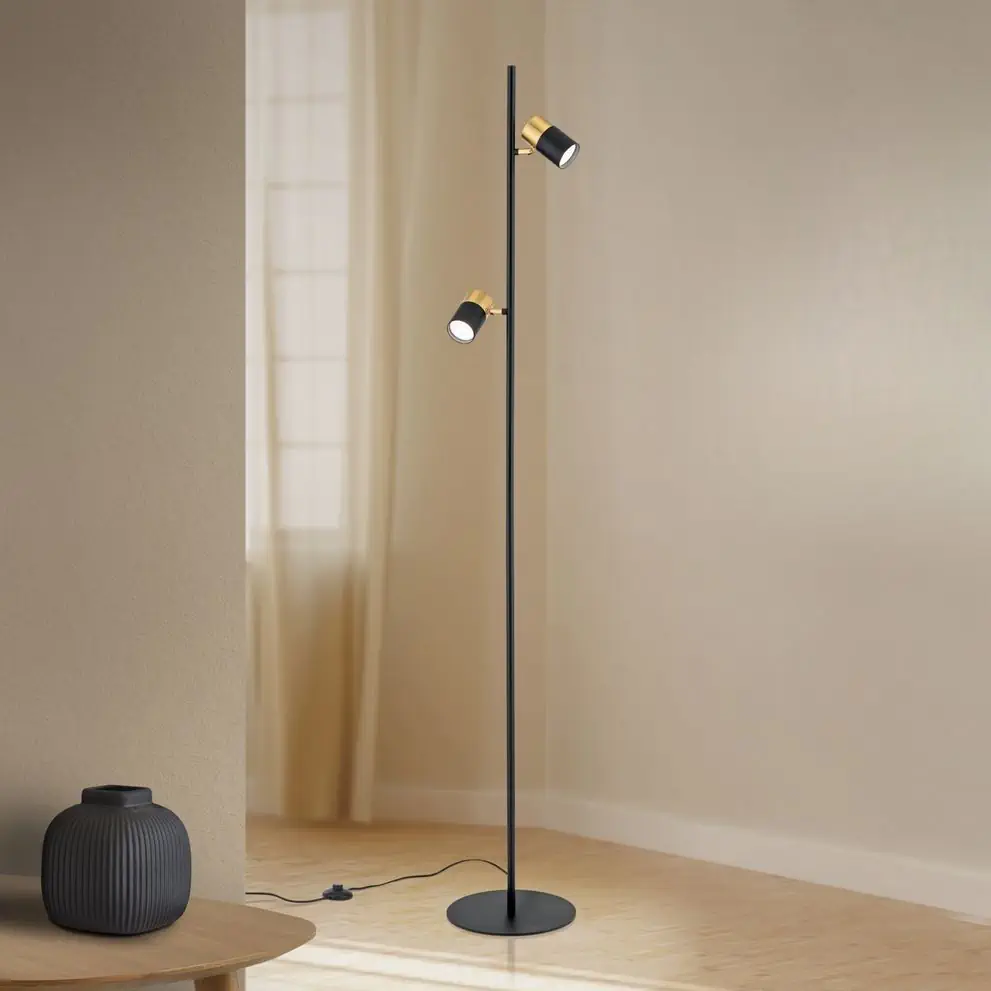 Podna lampa KEVIN, crno-zlatna, sa dve rotirajuće glave svetla