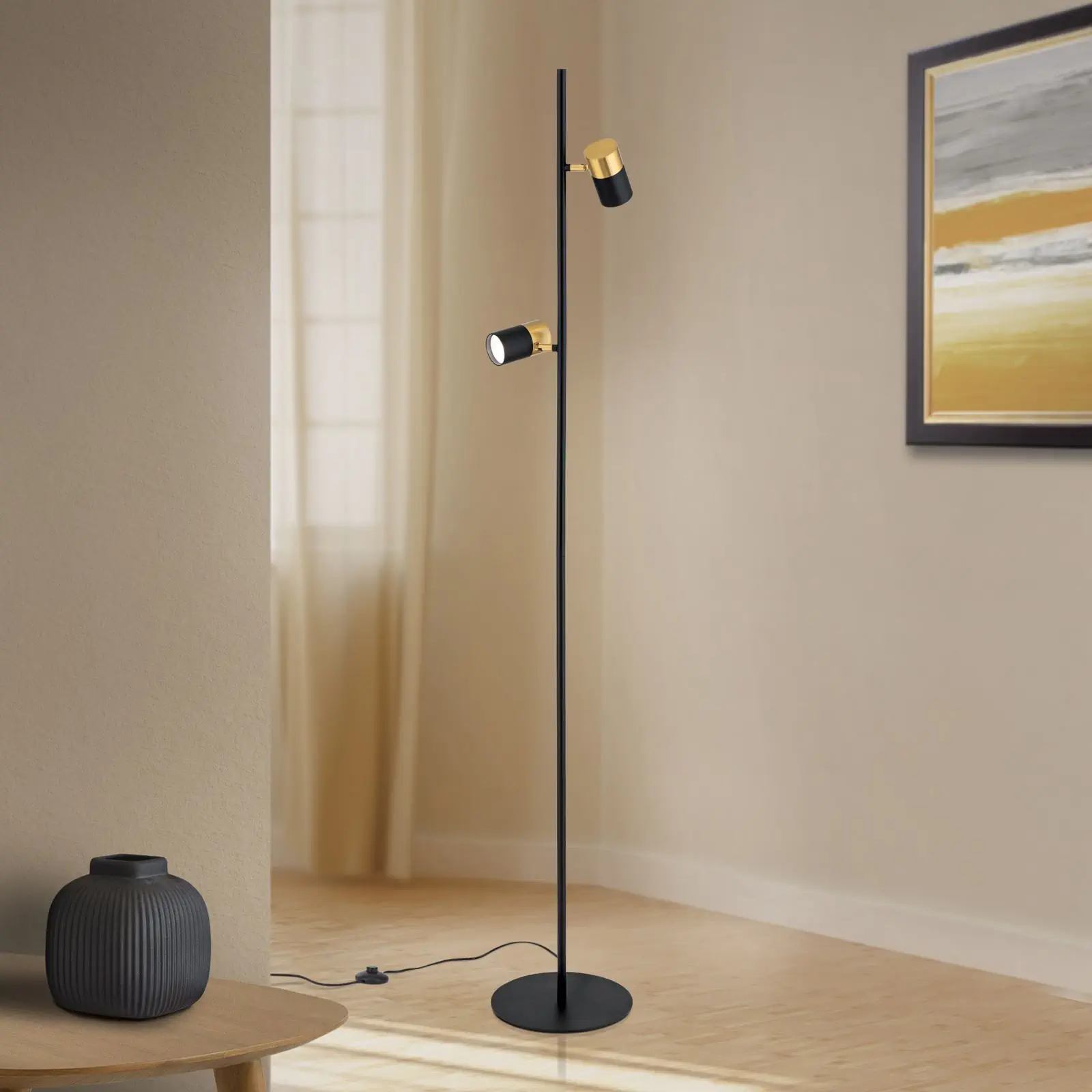 Podna lampa KEVIN, crno-zlatna, sa dve rotirajuće glave svetla - 2