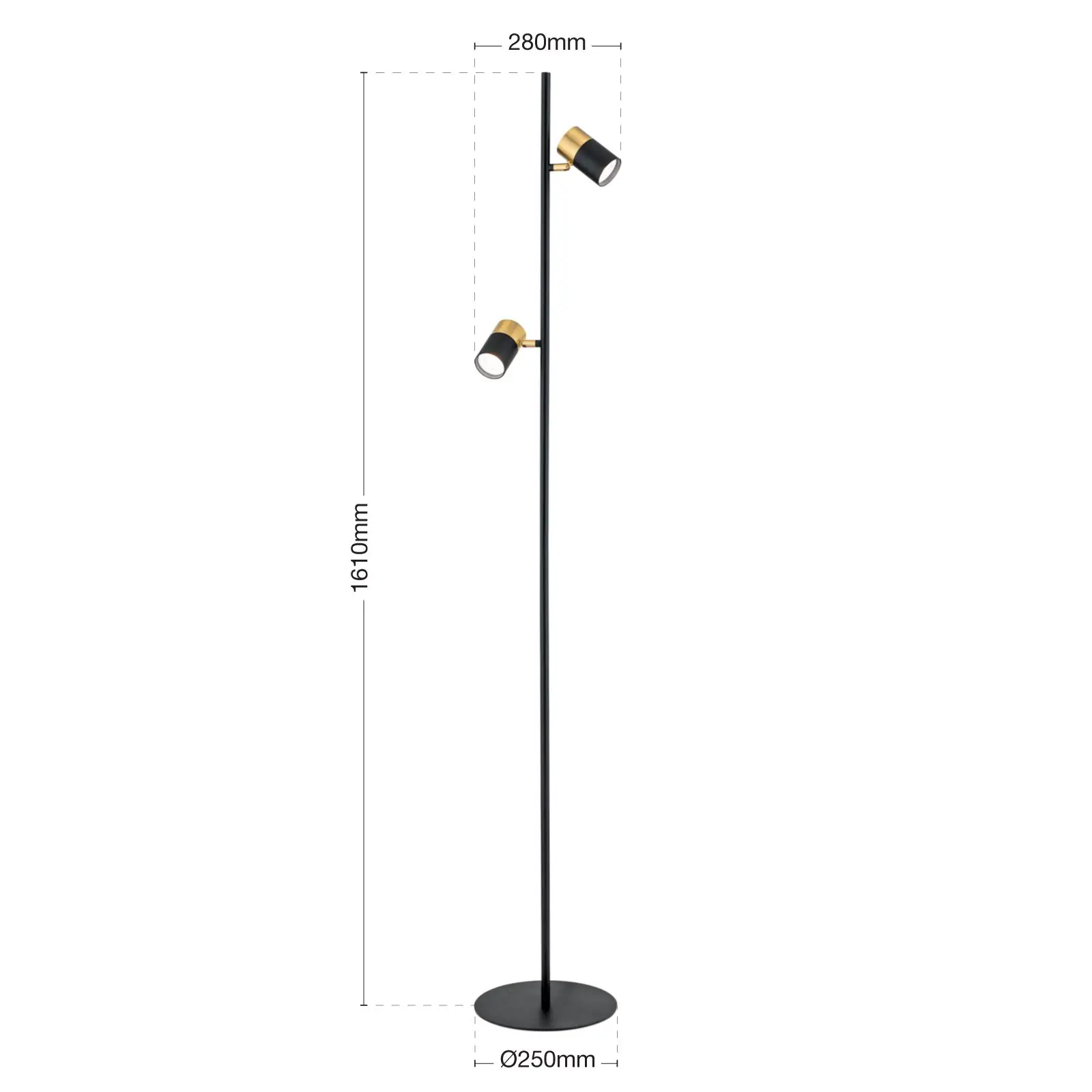 Podna lampa KEVIN, crno-zlatna, sa dve rotirajuće glave svetla - 7