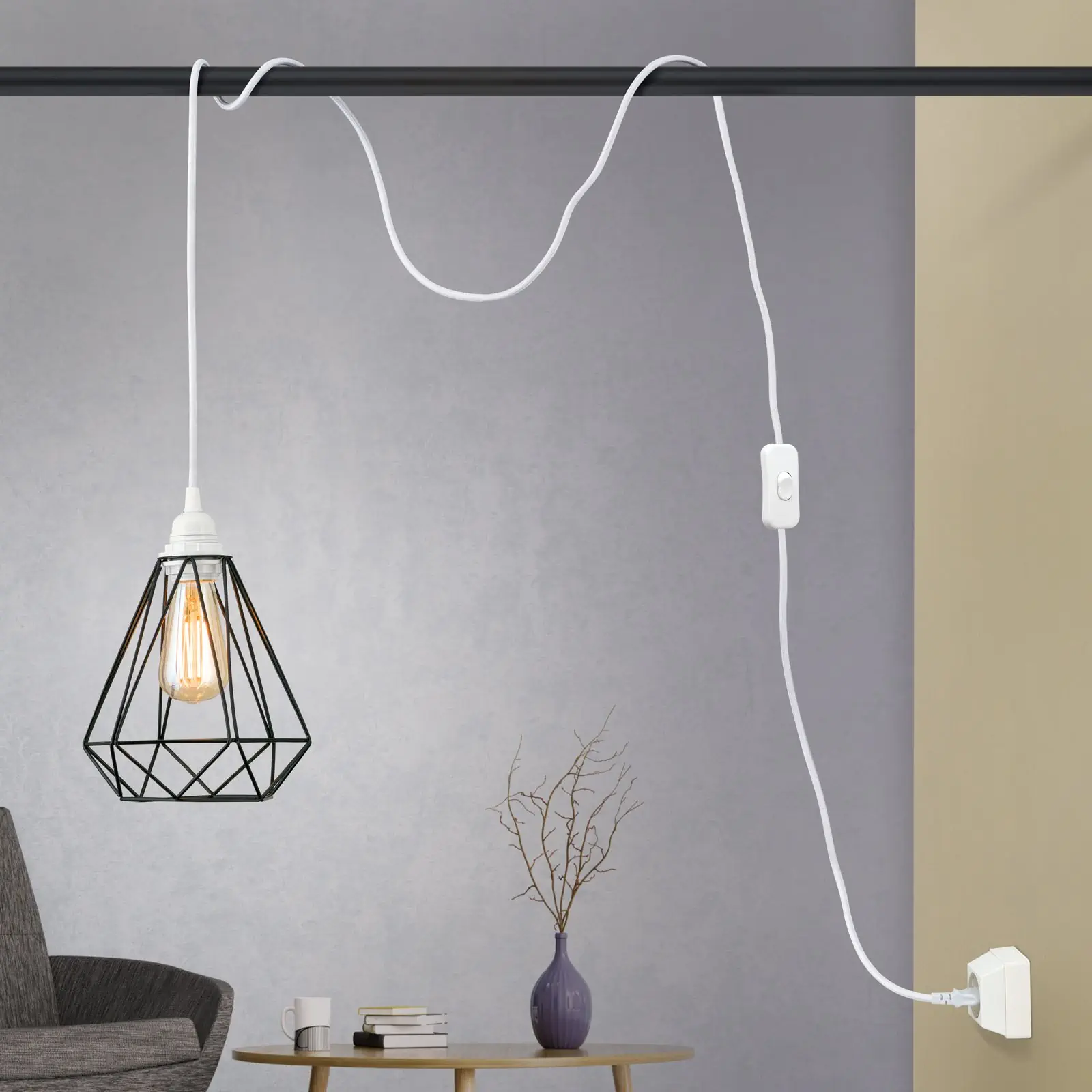 Priključni kabl E27, prekidač, 4 m, beli - 4